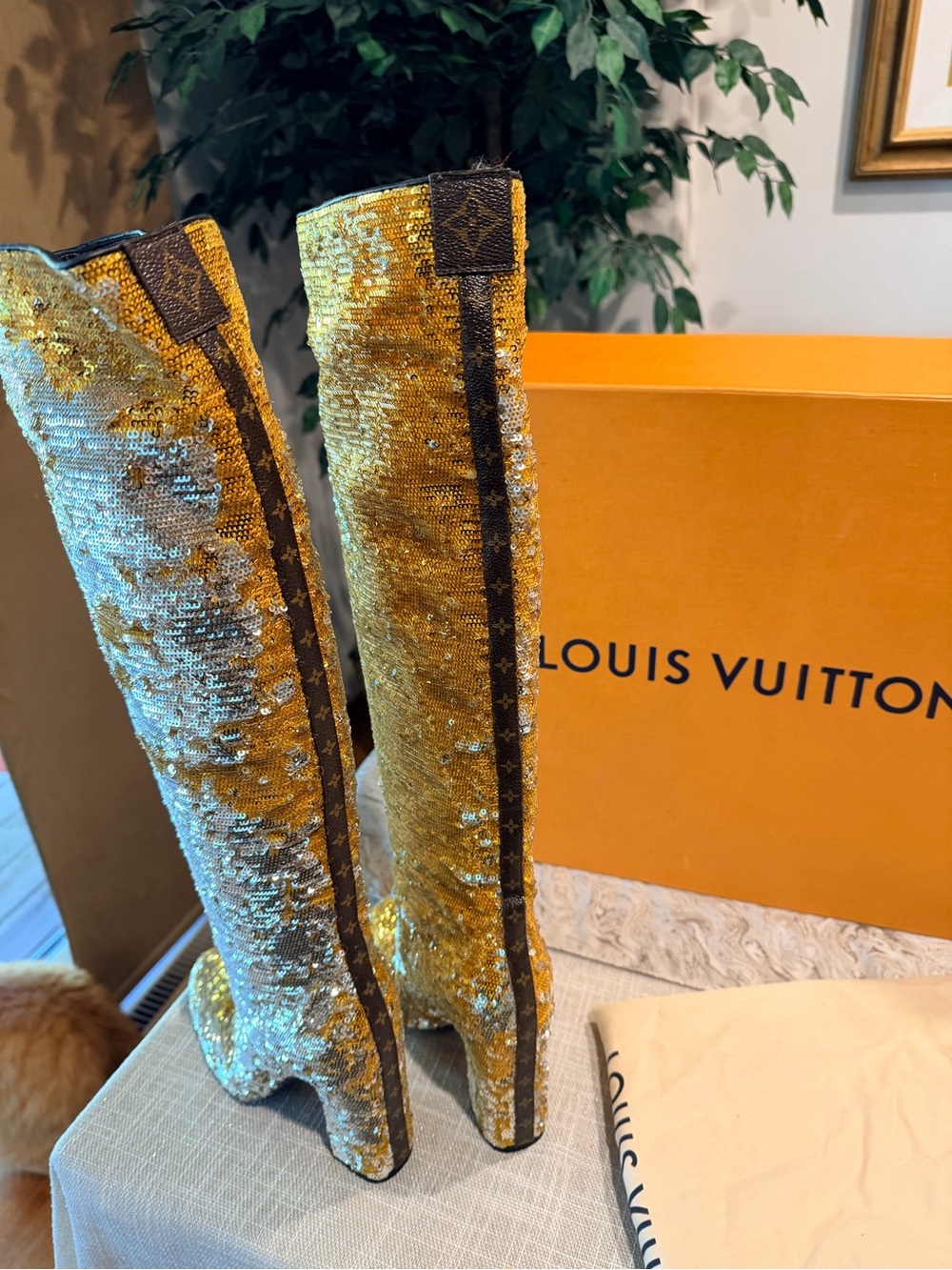 Louis Vuitton Gold and Silver Sequin Knee-High Heeled Boots - Picture 3 of 5